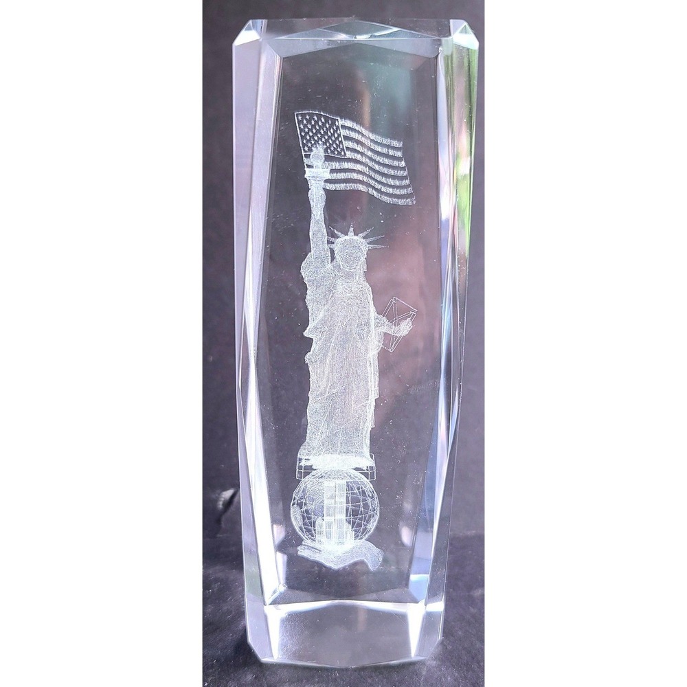 Statue of Liberty American Flag Unisphere 3D Laser Etched Crystal Paperweight 6"